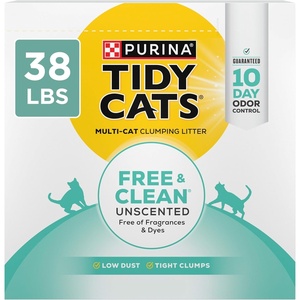 Purina Tidy Cats Free and Clean Unscented Clumping Cat Litter, 38 lb Box | Activated charcoal delivers lasting odor control, made without fragrances or dye, clumping(38 Pound (Pack of 1))