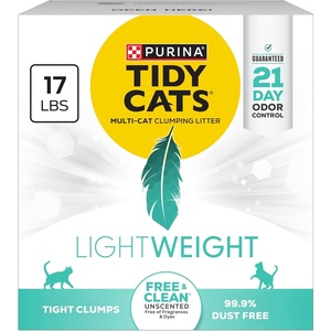 Purina Tidy Cats Low Dust Clumping Cat Litter, LightWeight Free & Clean Unscented, Multi Cat Litter – 17 lb. Box | Unscented, charcoal-powered formula offers 21-day odor control and tight, dust-free clumping.(17 Pound (Pack of 1))